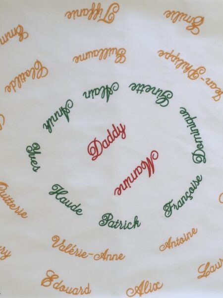 Prénoms brodés sur une nappe évolutive
