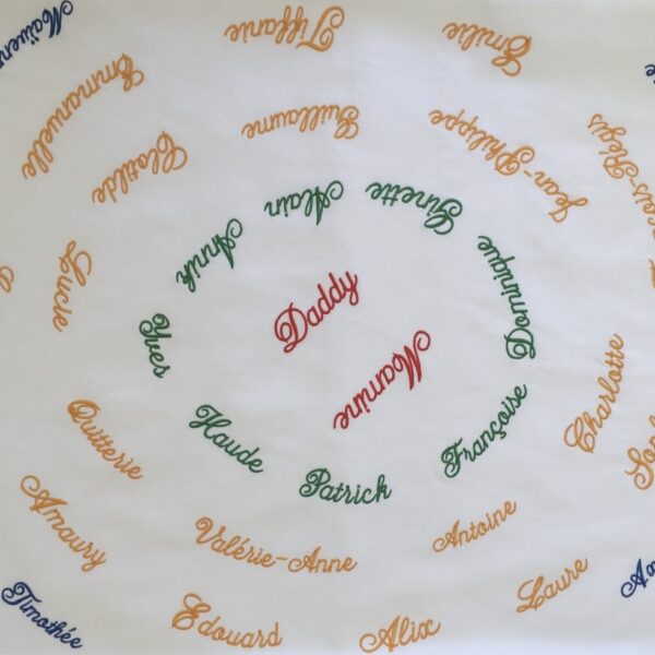 Nappe prénoms brodée sur quatre générations.
Cette nappe a été conçue pour évoluer. Depuis trois nouveaux prénoms ont été ajouté.