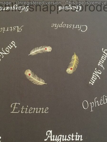 Plumes brodées sur une nappe grise.