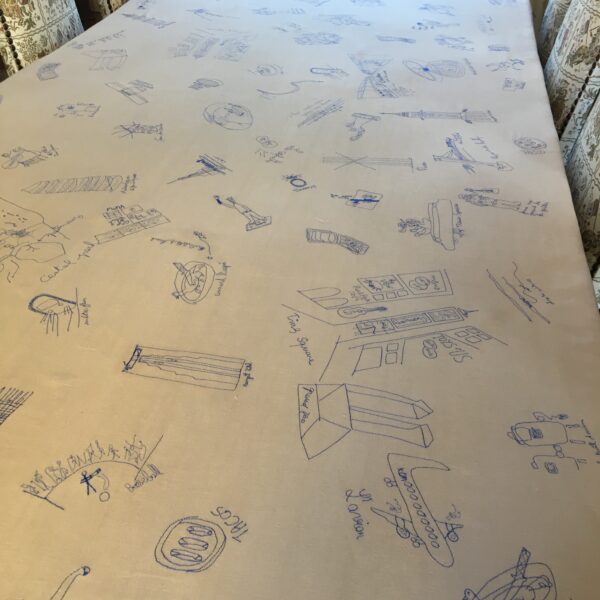 L'ensemble de la nappe rassemble les dessins réalisés chque soir pendant un voyage aux Etats-Unis.